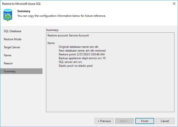 Restore to Microsoft Azure SQL - Summary