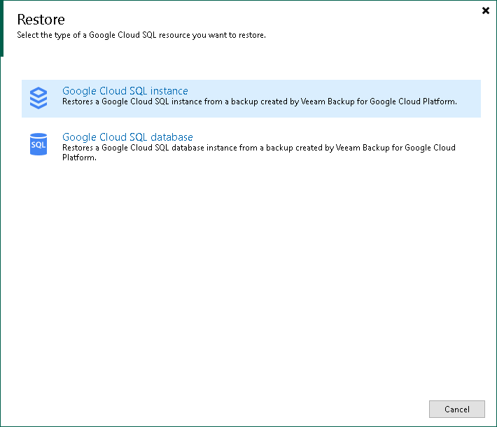 Step 1. Launch Restore to Google Cloud SQL Wizard