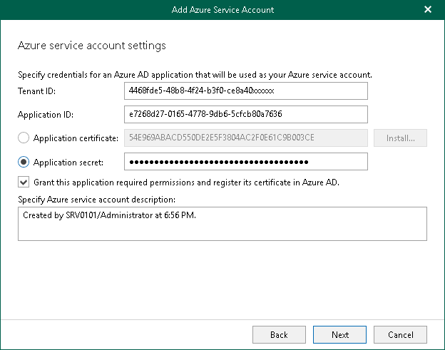 Specify Azure AD Application