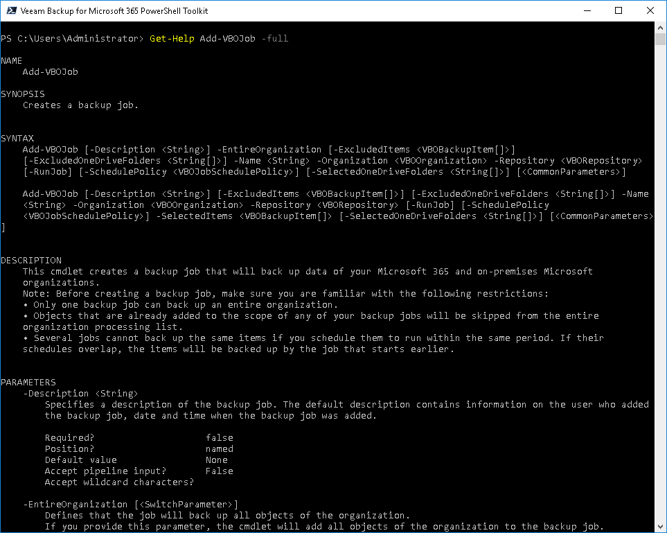 Using Get Help Veeam Backup For Microsoft Office 365 Powershell