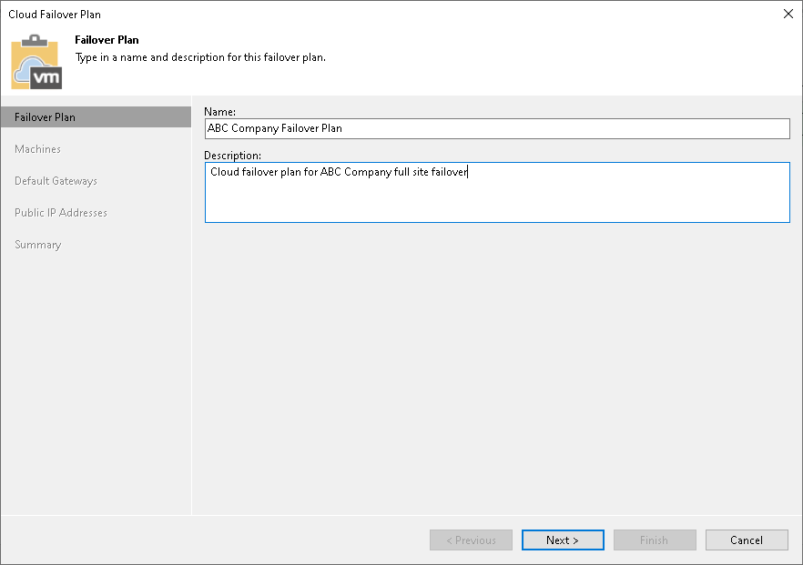 Step 2. Specify Failover Plan Name and Description