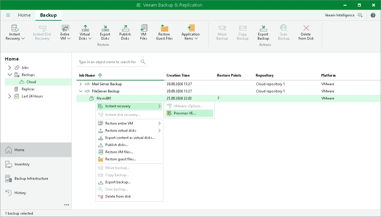 Performing Instant Recovery to Proxmox VE