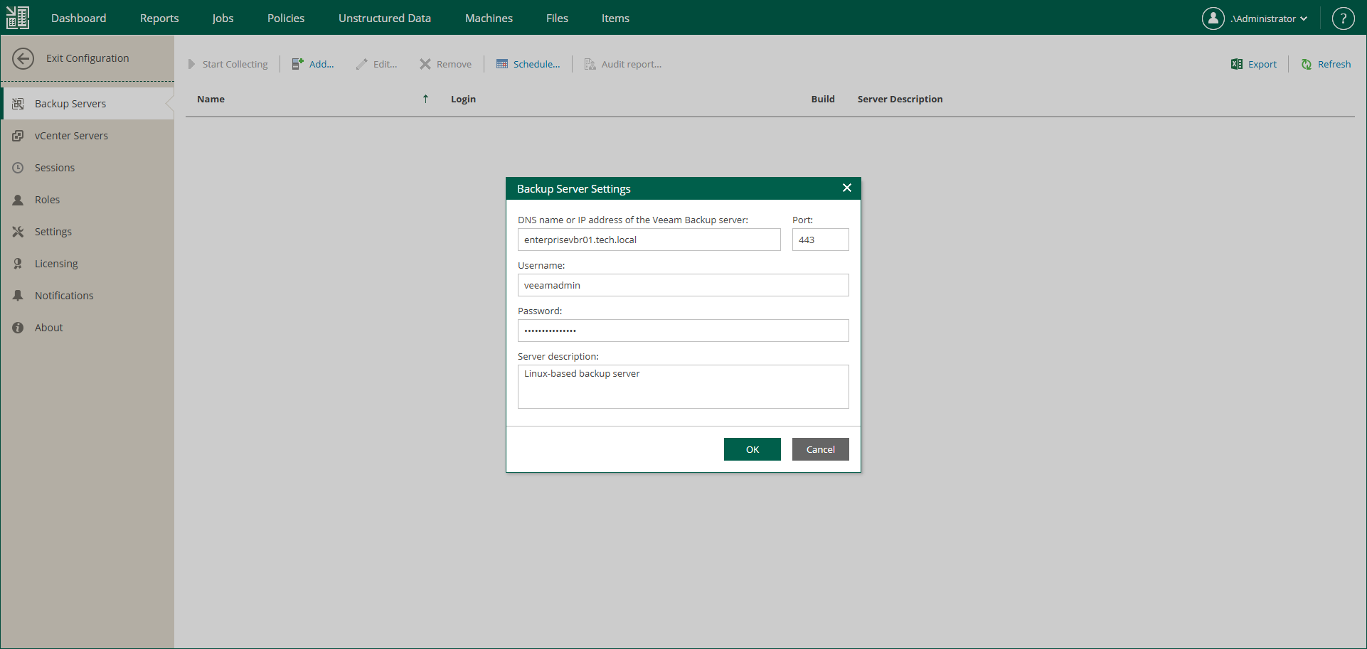 Specify Connection Settings for a Backup Server