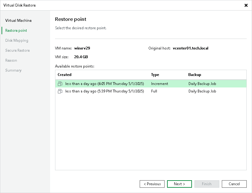 Choose Restore Point Restoring VM Virtual Disks