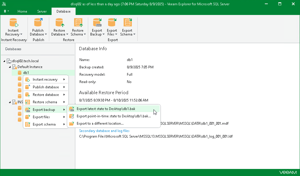 Using 1-Click Export of Single Database Backup