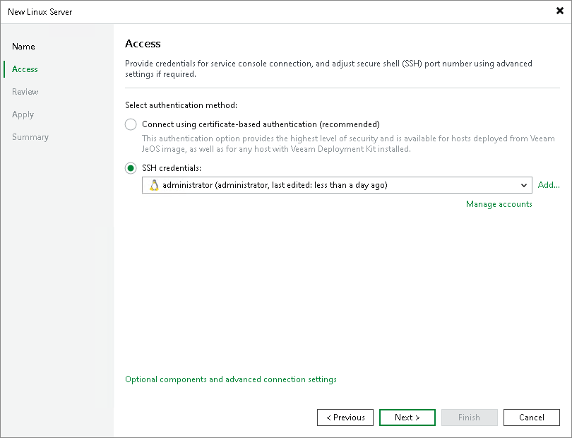 Step 3. Specify Credentials and SSH Settings