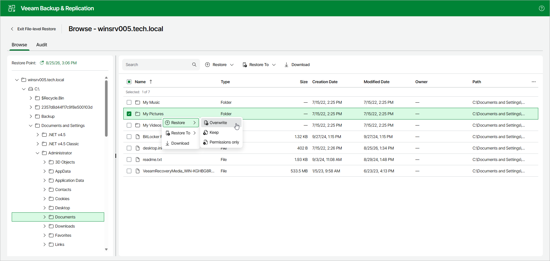 Restore to Original Location - Web UI