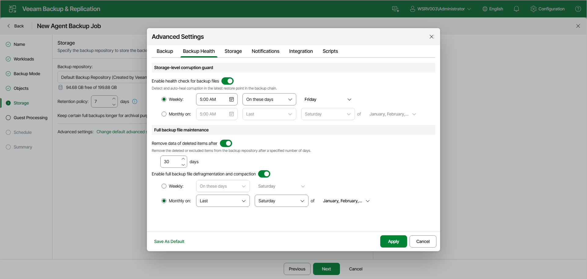 Specify Backup Health Settings