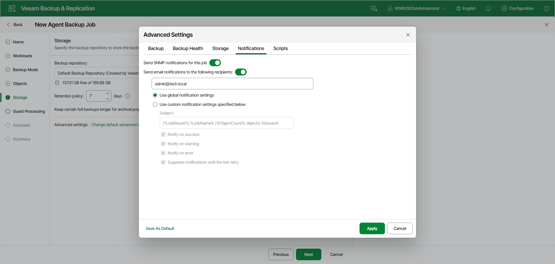 Specify Notification Settings for Veeam Agent Backup Job