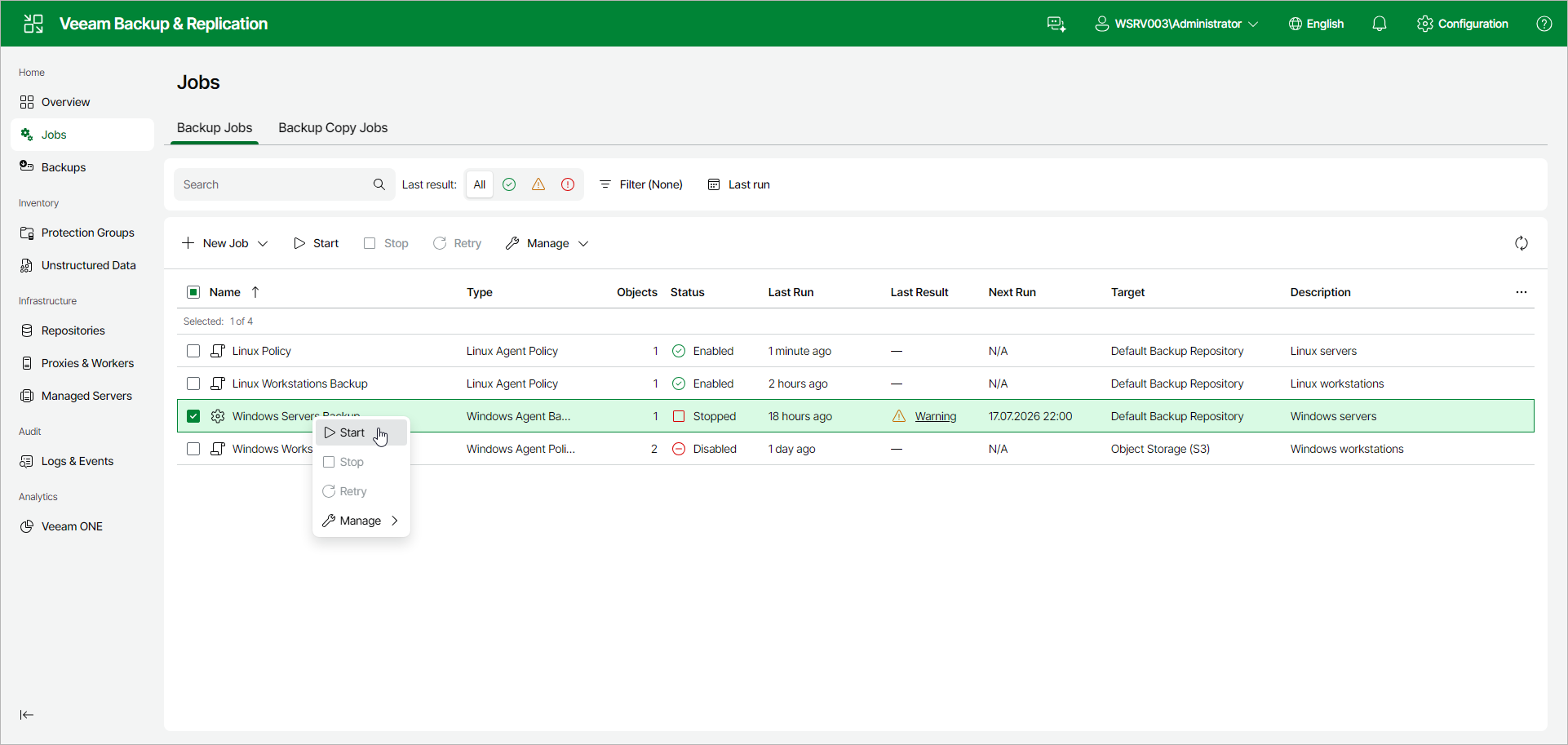 Start or Stop Backup Job