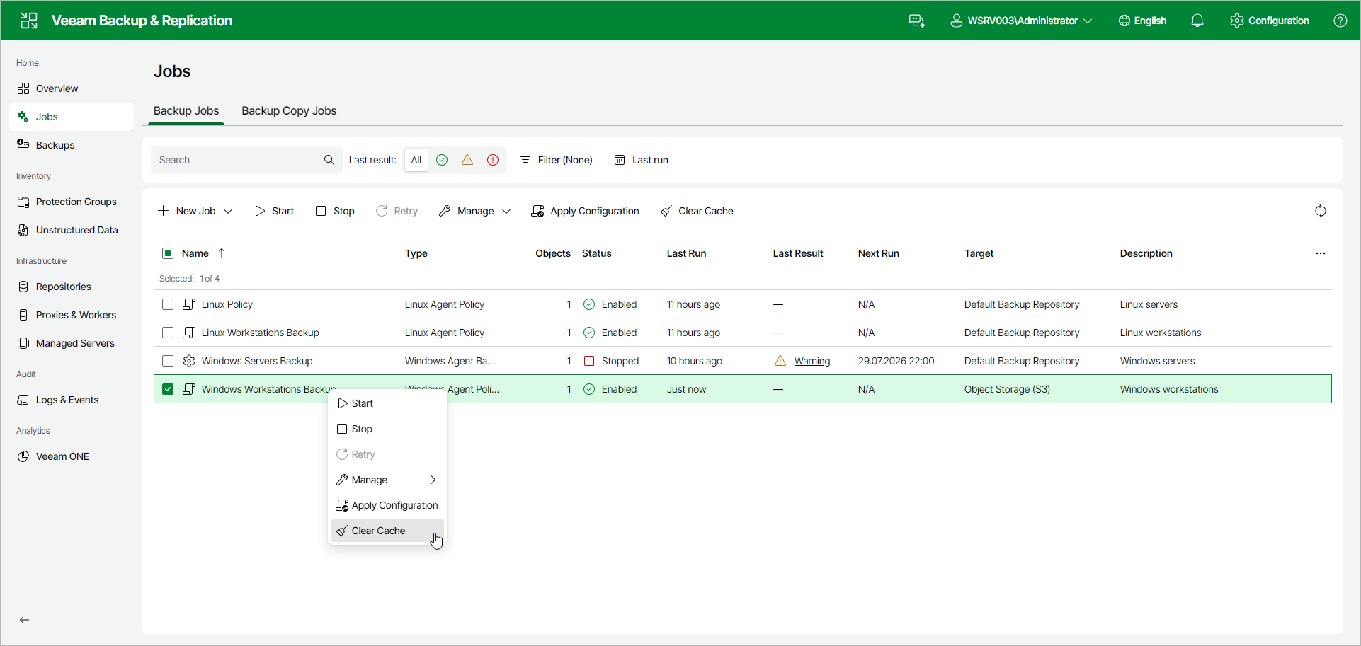 Specify Backup Cache Settings