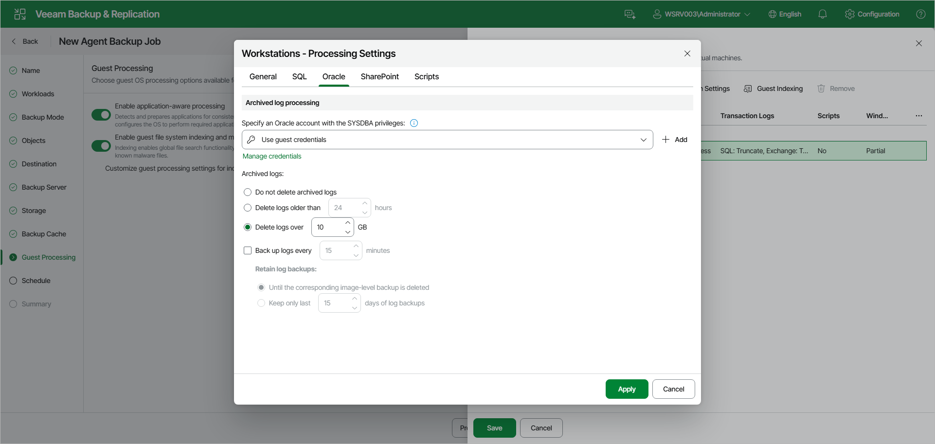 Specify Oracle Archived Log Settings