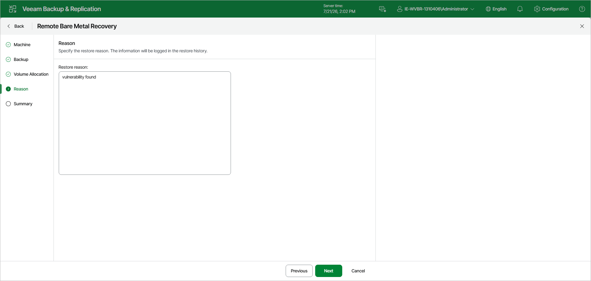 Step 5. Specify Restore Reason