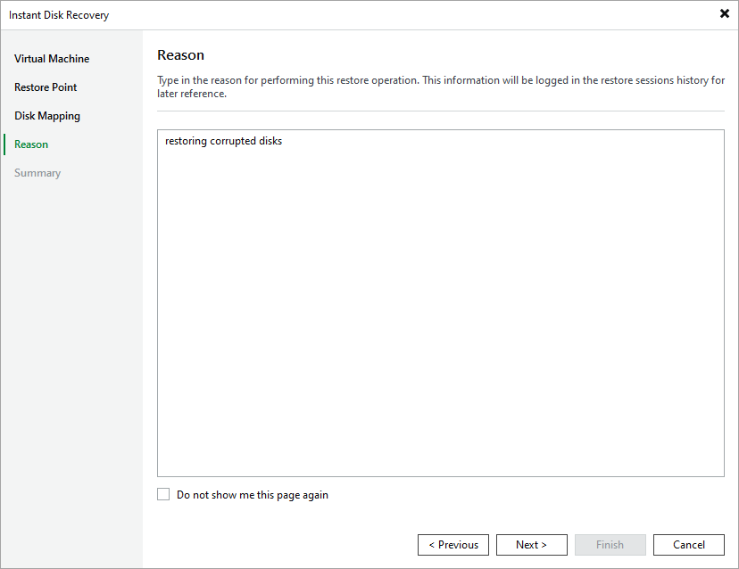 Step 5. Specify Reason for Restore
