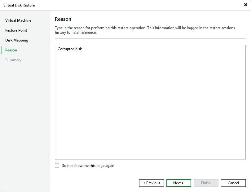 Step 5. Specify Reason for Restore