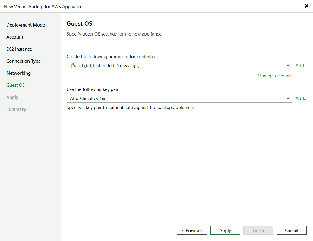 Deploy appliance - User Credentials Step 7. Specify User Credentials
