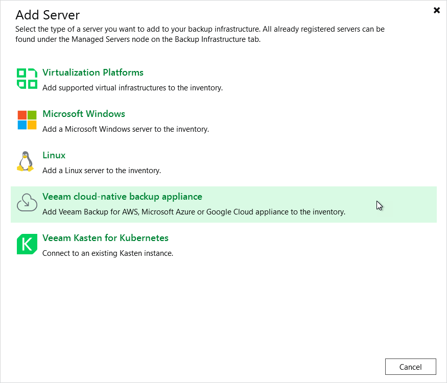 Add server - Launch Step 1. Launch New Veeam Backup for AWS Appliance Wizard