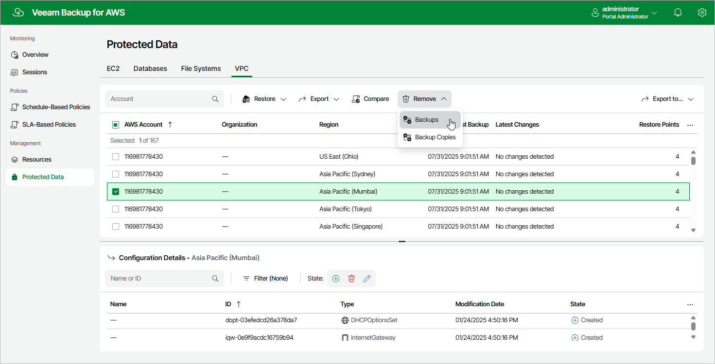 Removing VPC Configuration Backups