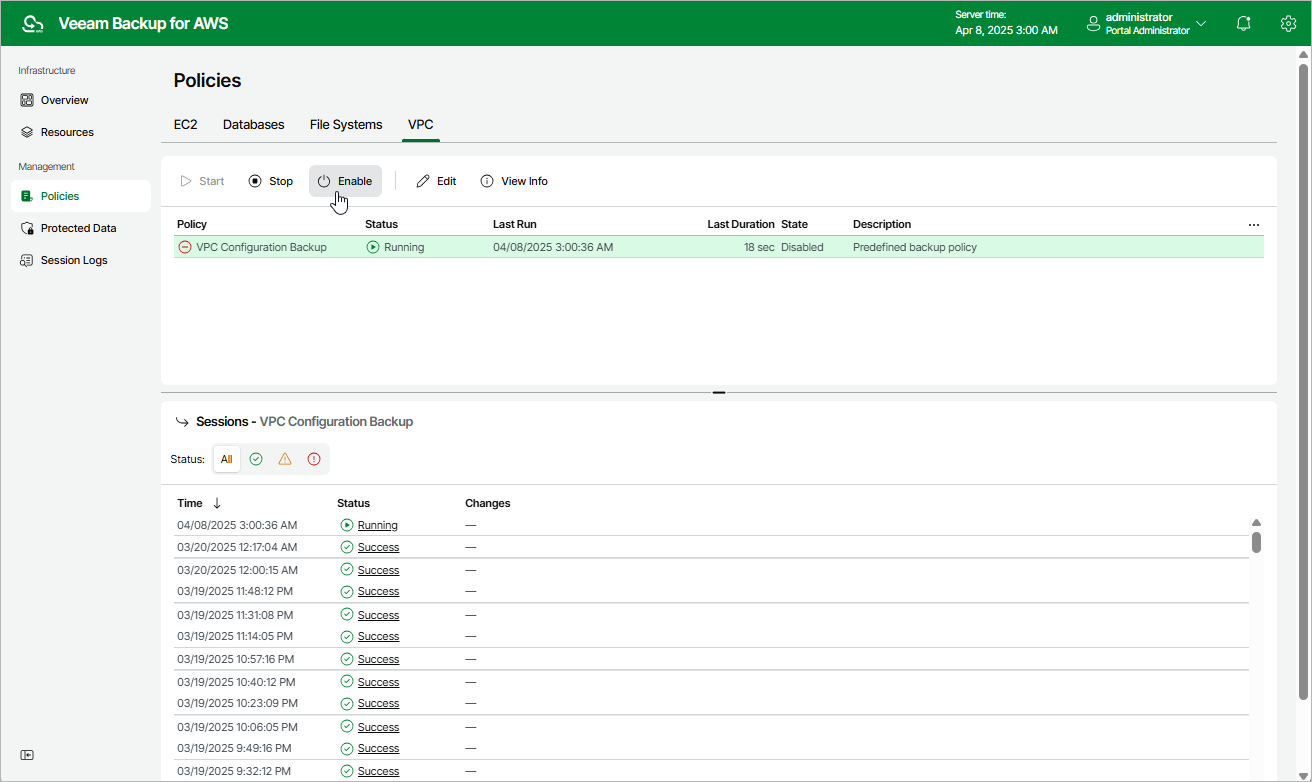 Enabling VPC Configuration Backup Policy