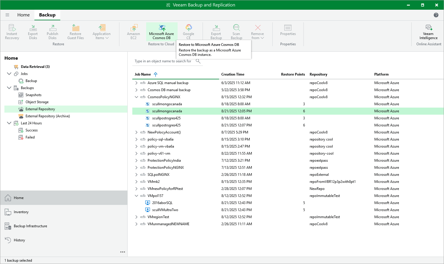 Performing Cosmos DD Restore From Repository Using Console