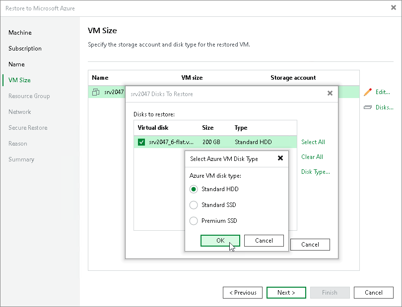 Step 5. Specify VM Size and Disks