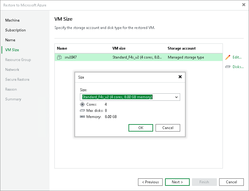 Step 5. Specify VM Size and Disks