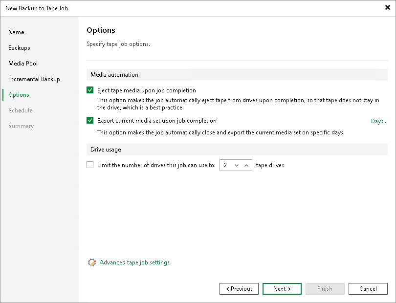 Options for Backup to Tape Job
