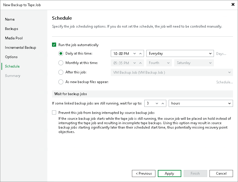 Schedule for Backup to Tape Job