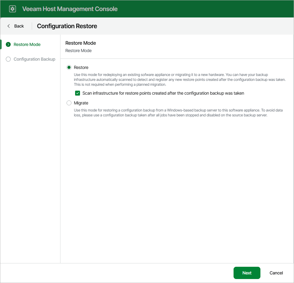 Restoring Configuration Database using Veeam Host Management
