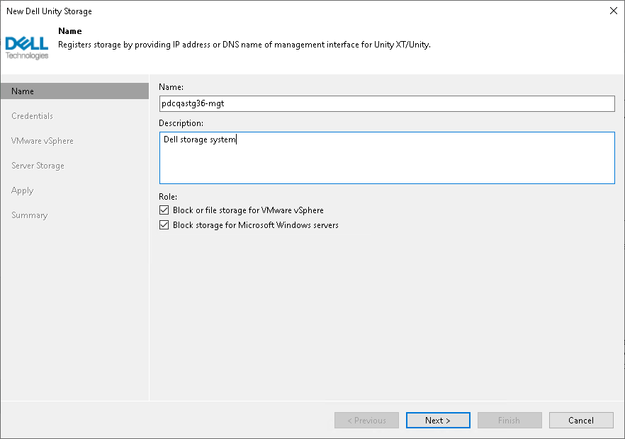 Step 2. Specify Storage Name or Address and Storage Role