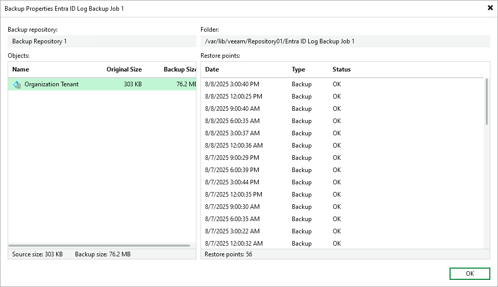 Audit Log Backup Properties Viewing Log Backup Properties