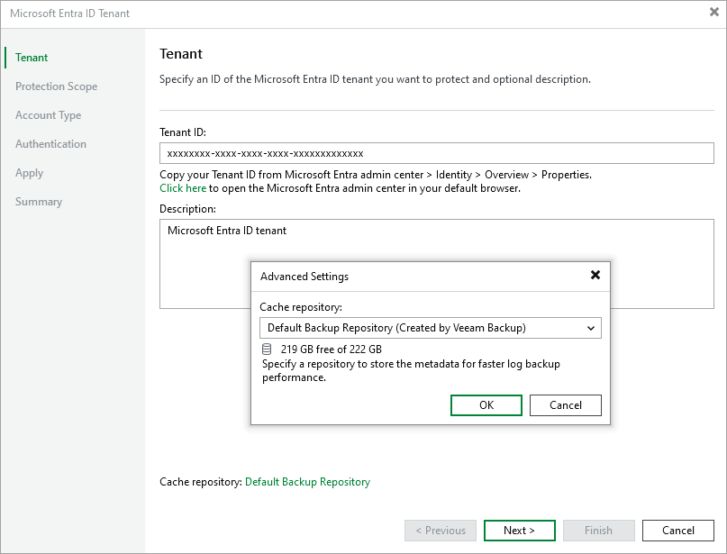 Specify Tenant Step 2. Specify Tenant ID and Cache Repository