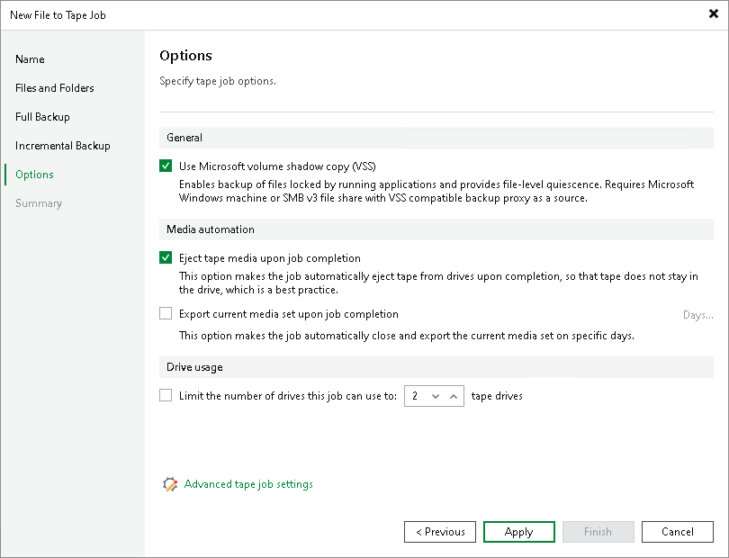 Options for File to Tape Job