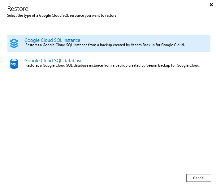 Step 1. Launch Restore to Google Cloud SQL Wizard