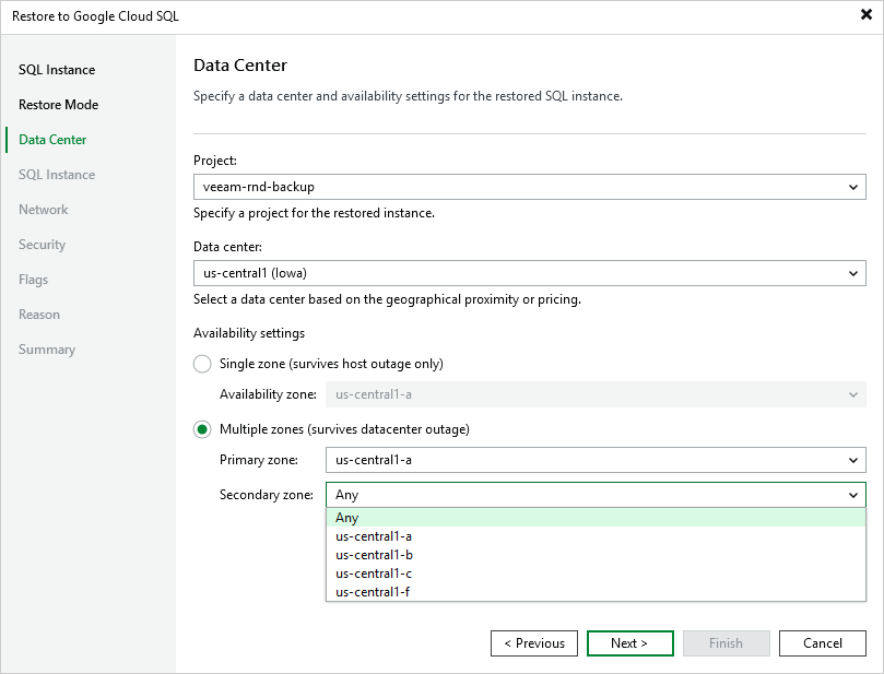 Step 4. Select Project, Region and Availability Zone