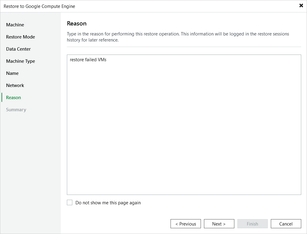 Step 8. Specify Restore Reason