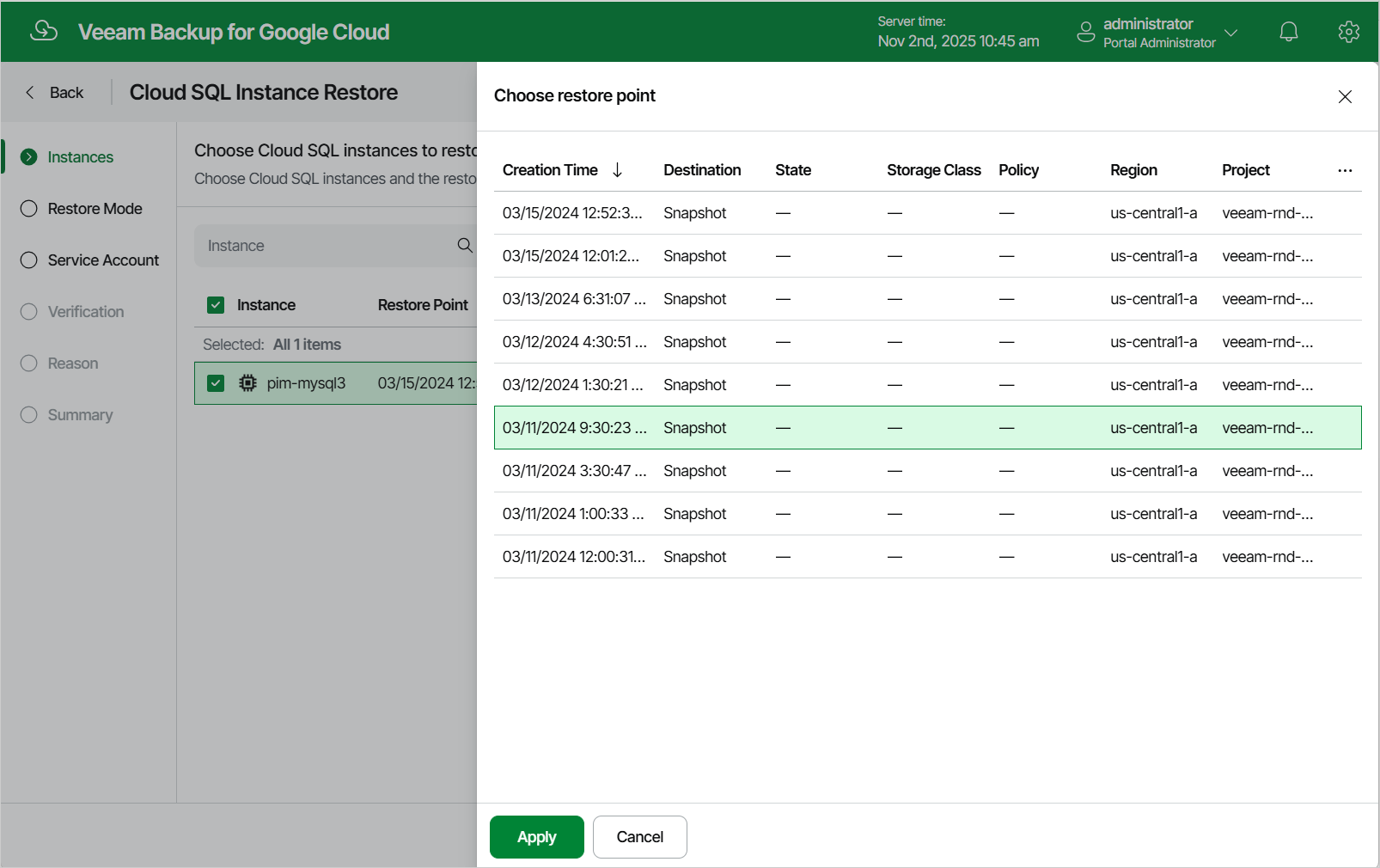 Restoring Cloud SQL Instance
