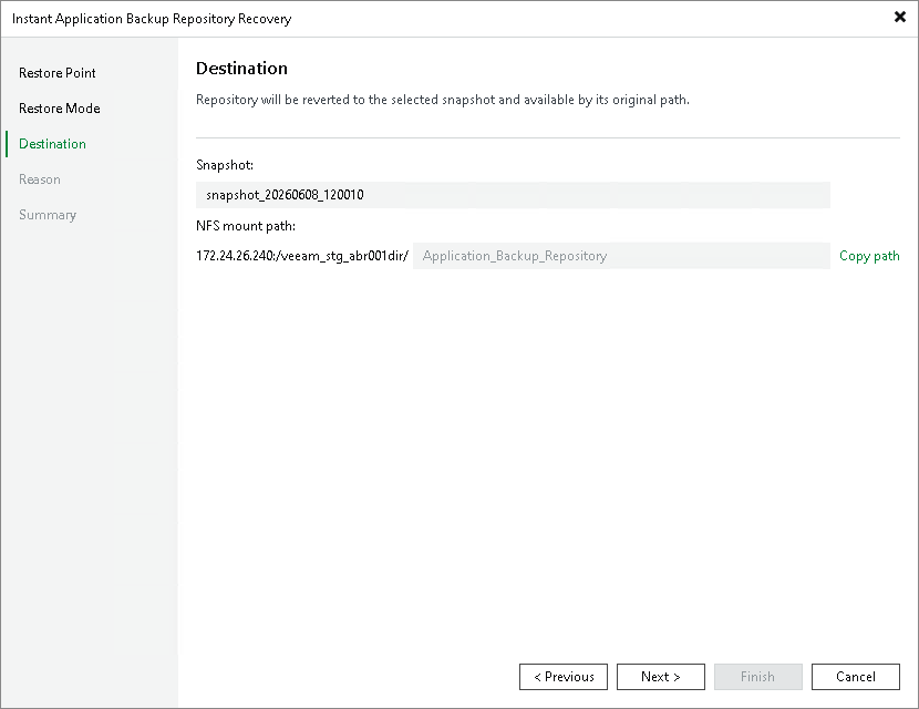 Specifying Destination for Revert Snapshot Option