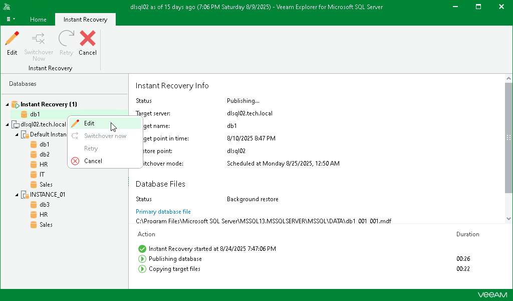 Editing Instant Recovery Settings