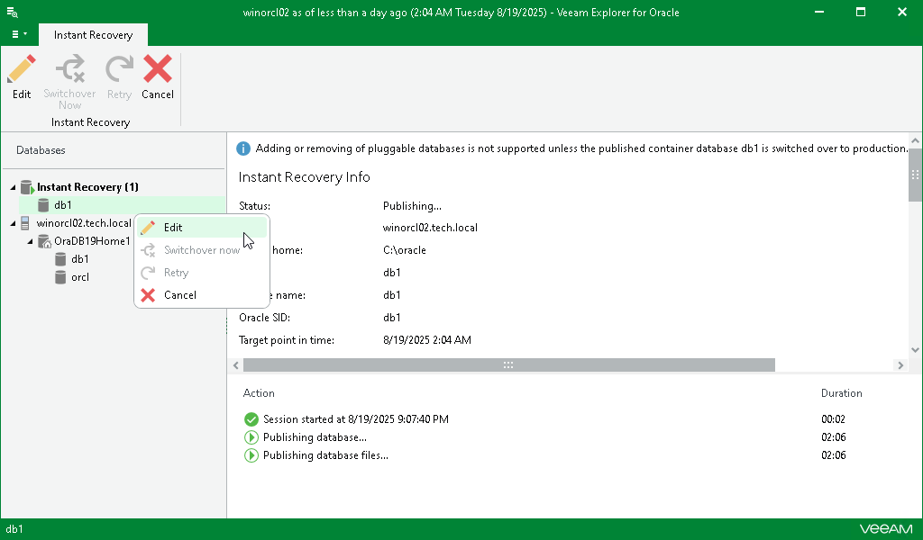 Editing Instant Recovery Settings