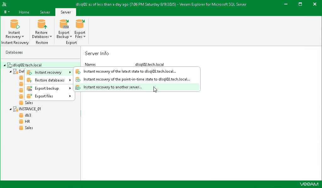 Launching Instant Recovery Wizard