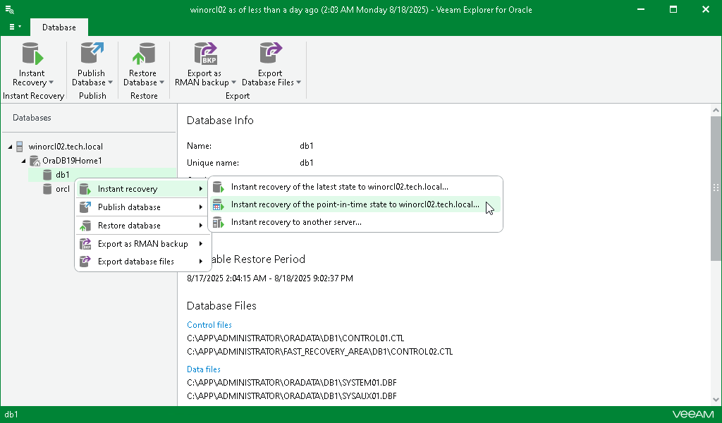 Launching Instant Recovery Wizard