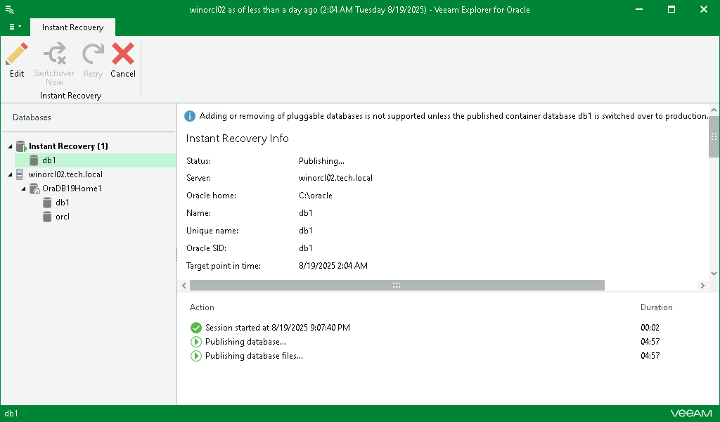 Viewing Instant Recovery Session