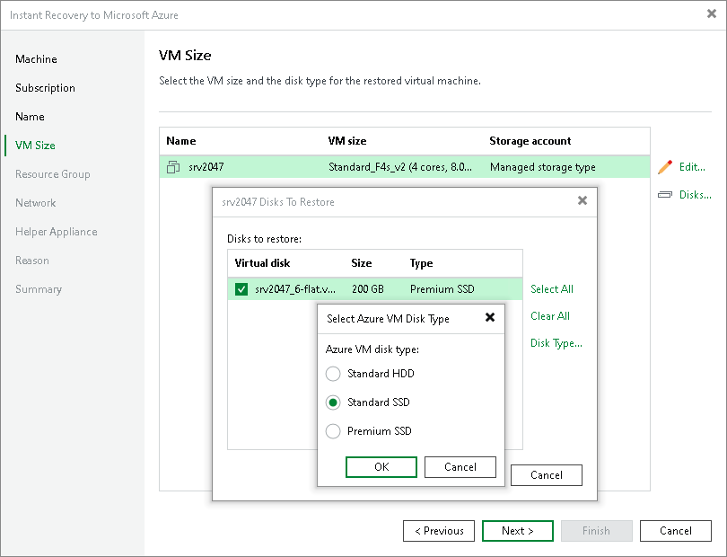 Step 5. Specify VM Sizes and Disks