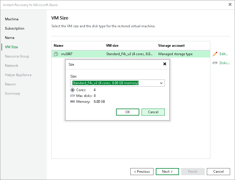 Step 5. Specify VM Sizes and Disks