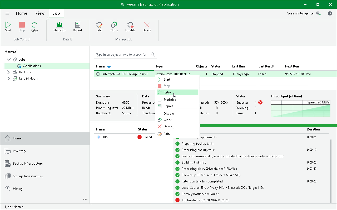 Retry Application Backup Policy