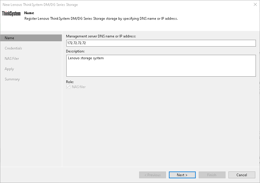 Step 2. Specify Lenovo Server Name or Address and Storage Role