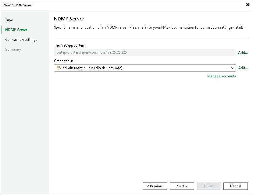 NDMP Server Name and Credentials for NetApp NDMP Server