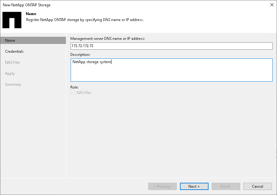 Step 2. Specify NetApp Server Name or Address and Storage Role