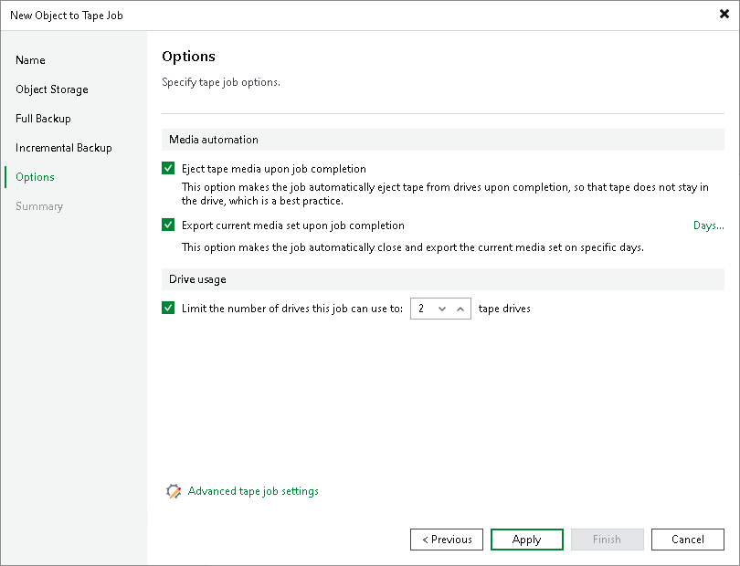 Options for Object to Tape Job